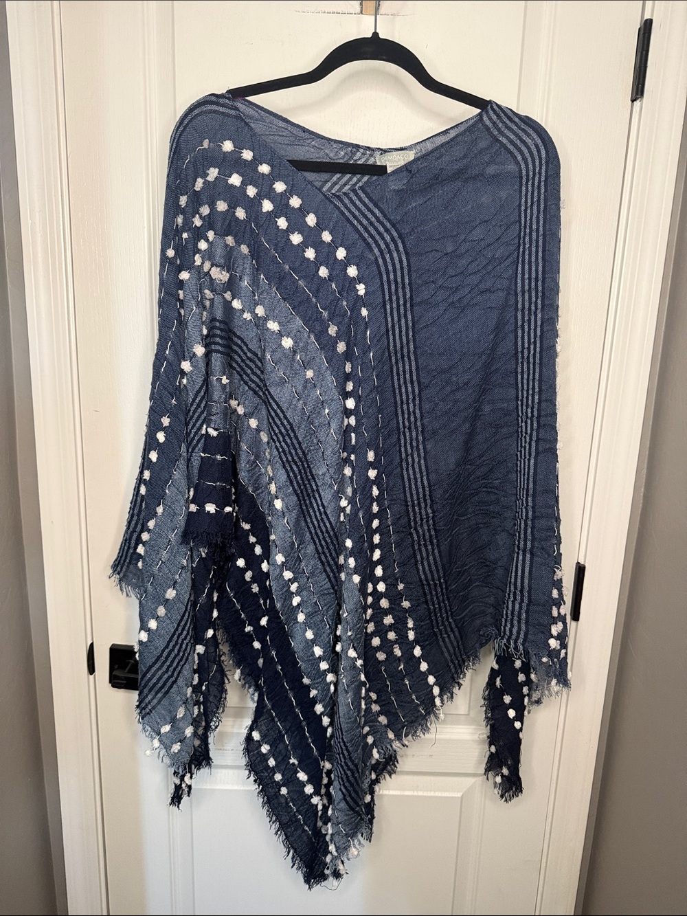 Demdaco Blue Knit Fringe Wrap with White Dot Detail